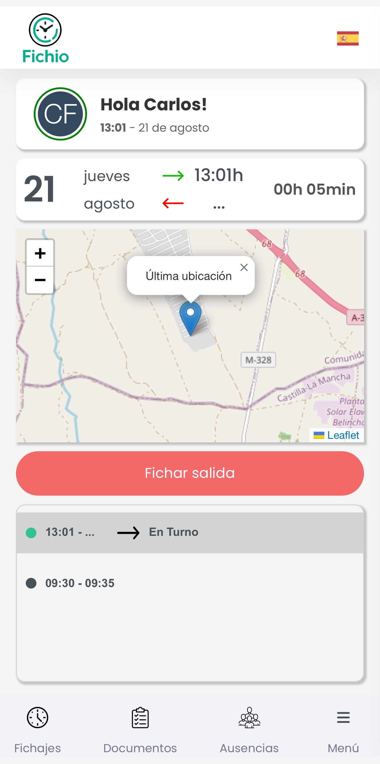 App Fichio - Pantalla de Salida